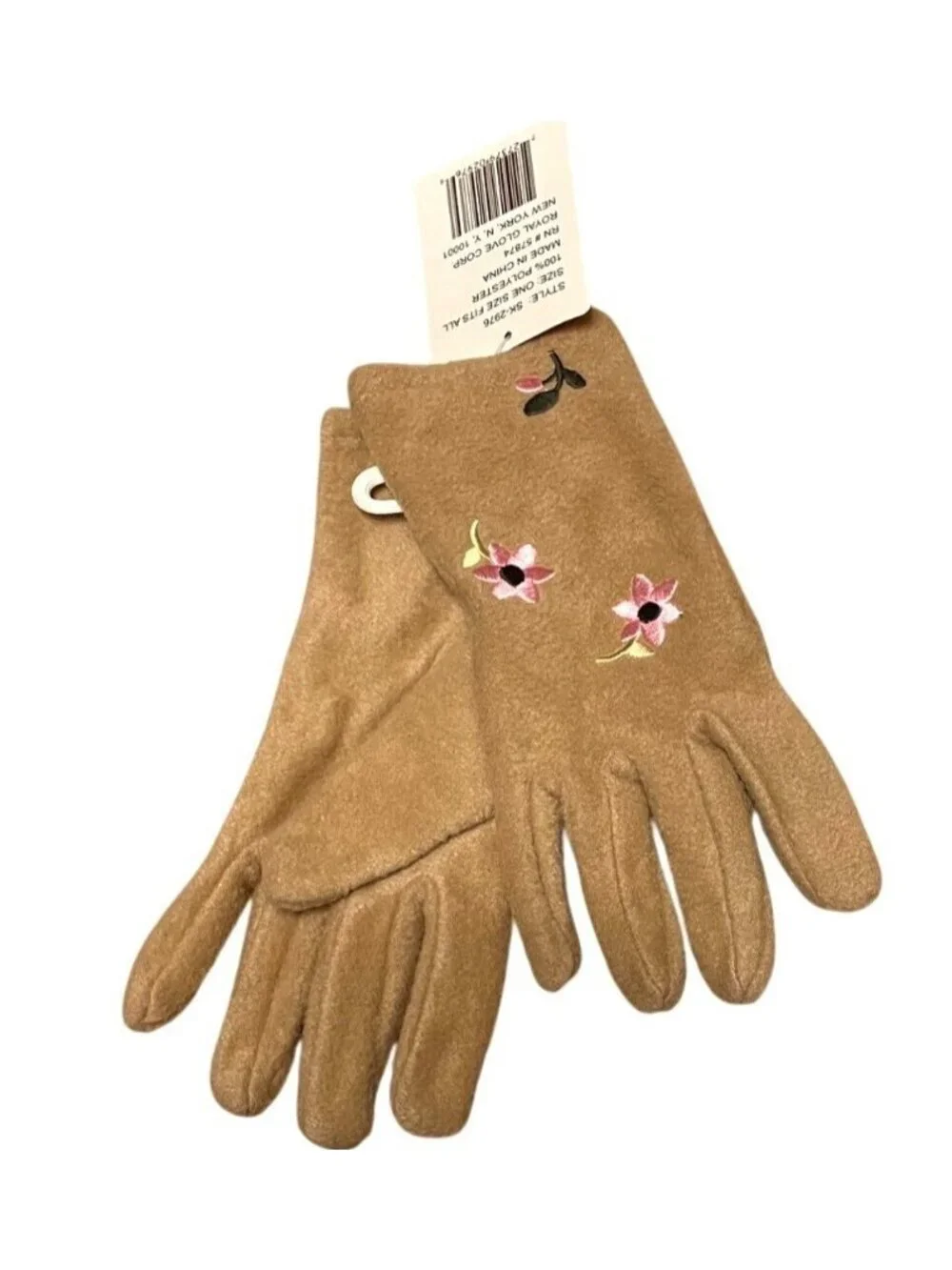 Womens Gloves Brown Polyester Fleece With Pink Flower Embroidery NWT